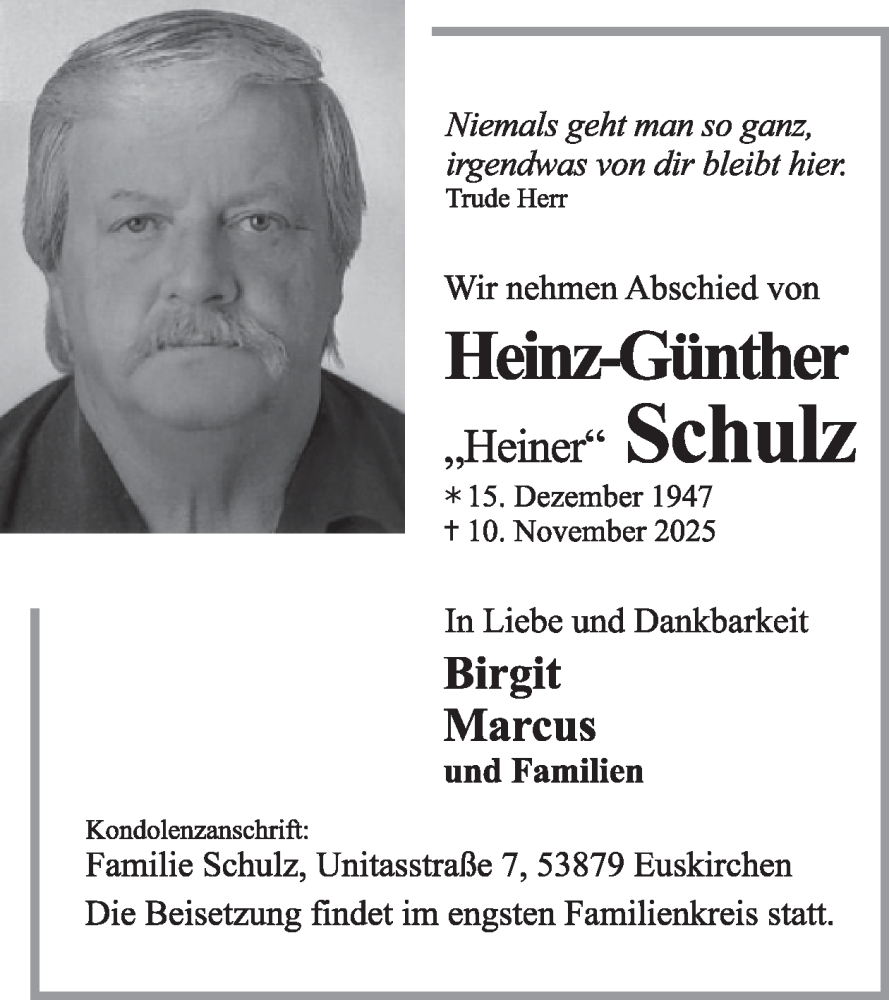  Traueranzeige für Heinz-Günther Schulz vom 19.11.2025 aus WochenSpiegel