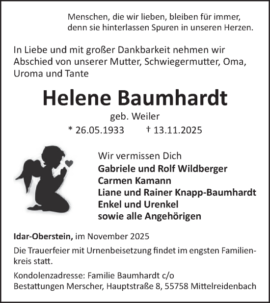 Traueranzeige von Helene Baumhardt von WochenSpiegel