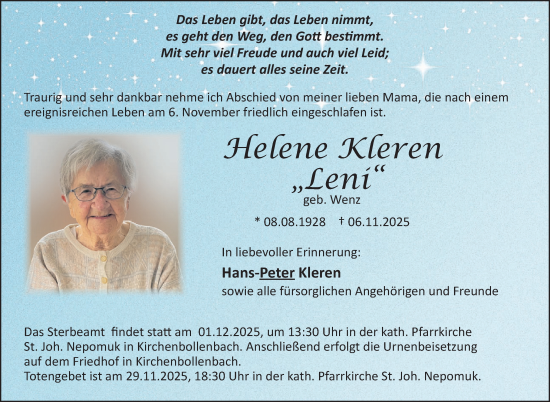Traueranzeige von Helene Kleren von WochenSpiegel