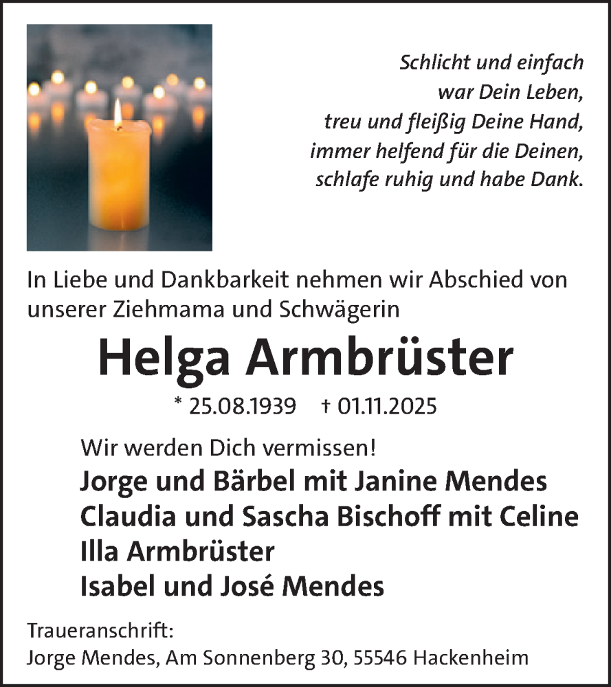  Traueranzeige für Helga Armbrüster vom 08.11.2025 aus WochenSpiegel