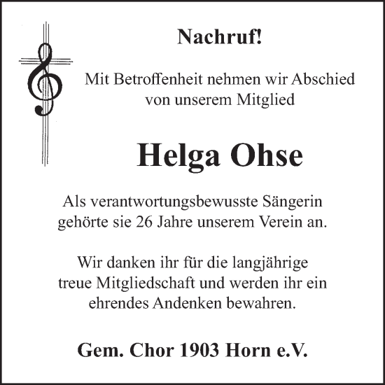 Traueranzeige von Helga Ohse von WochenSpiegel