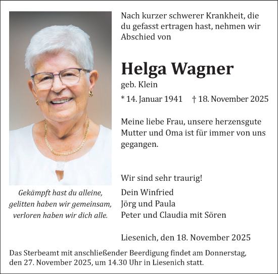 Traueranzeige von Helga Wagner von WochenSpiegel