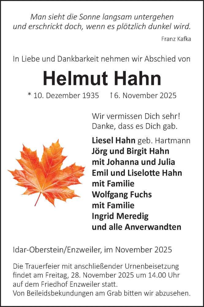  Traueranzeige für Helmut Hahn vom 22.11.2025 aus WochenSpiegel
