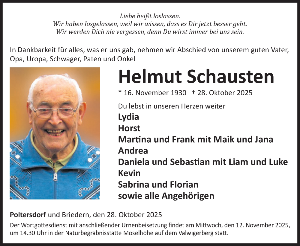  Traueranzeige für Helmut Schausten vom 05.11.2025 aus WochenSpiegel