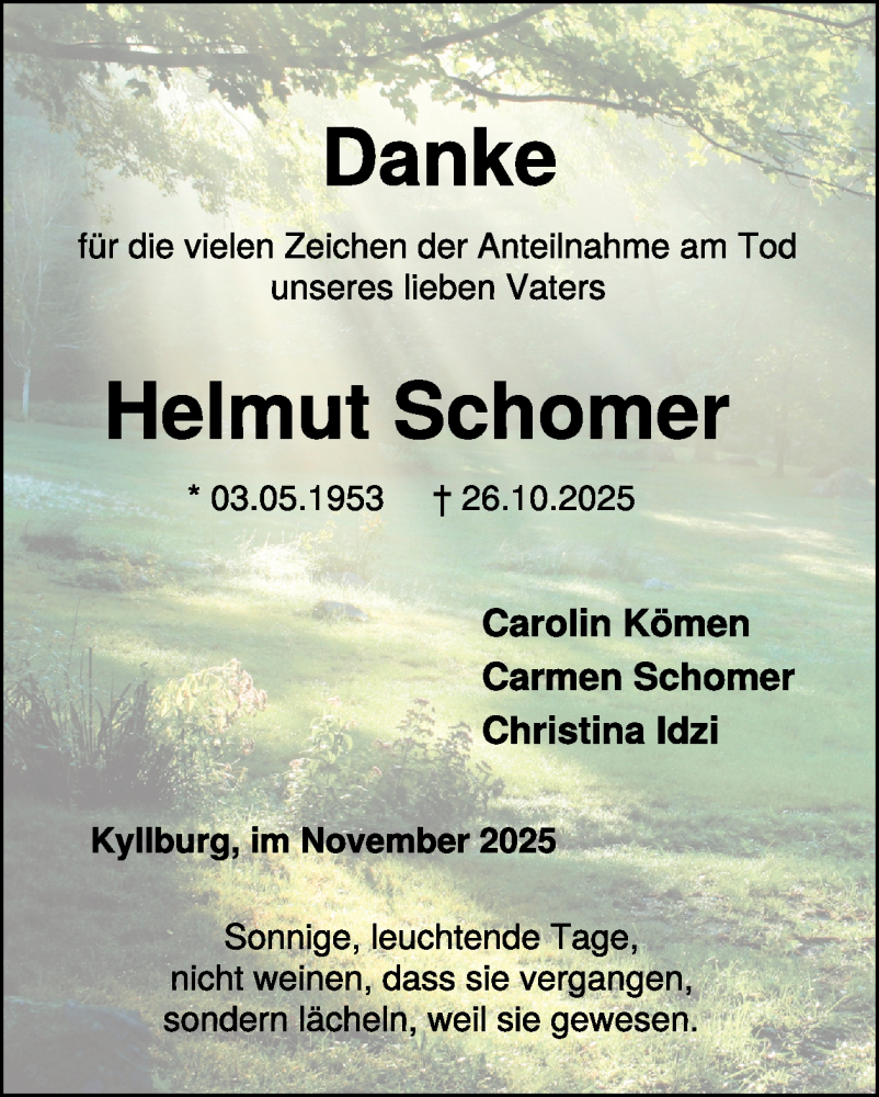 Traueranzeige für Helmut Schomer vom 28.11.2025 aus WochenSpiegel