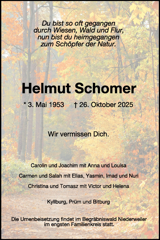  Traueranzeige für Helmut Schomer vom 07.11.2025 aus WochenSpiegel