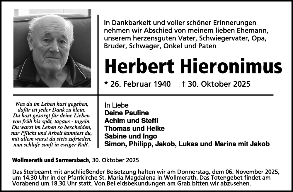  Traueranzeige für Herbert Hieronimus vom 05.11.2025 aus WochenSpiegel