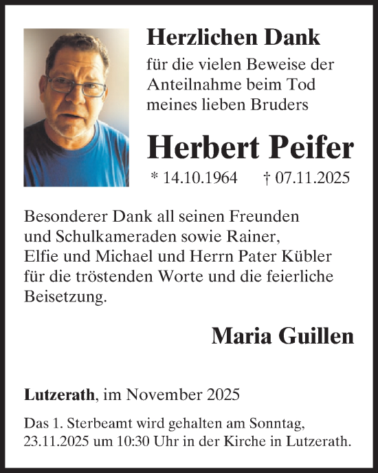 Traueranzeige von Herbert Peifer von WochenSpiegel