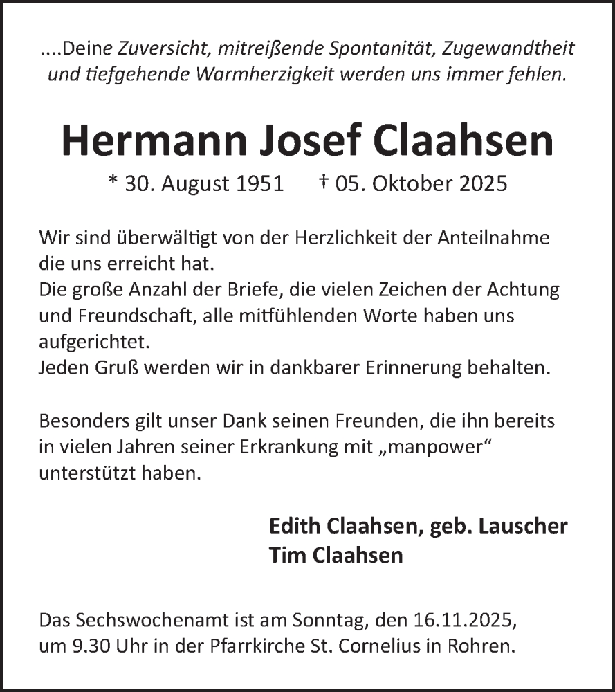  Traueranzeige für Hermann Josef Claahsen vom 12.11.2025 aus WochenSpiegel