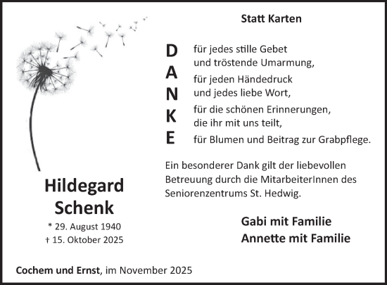 Traueranzeige von Hildegard Schenk von WochenSpiegel