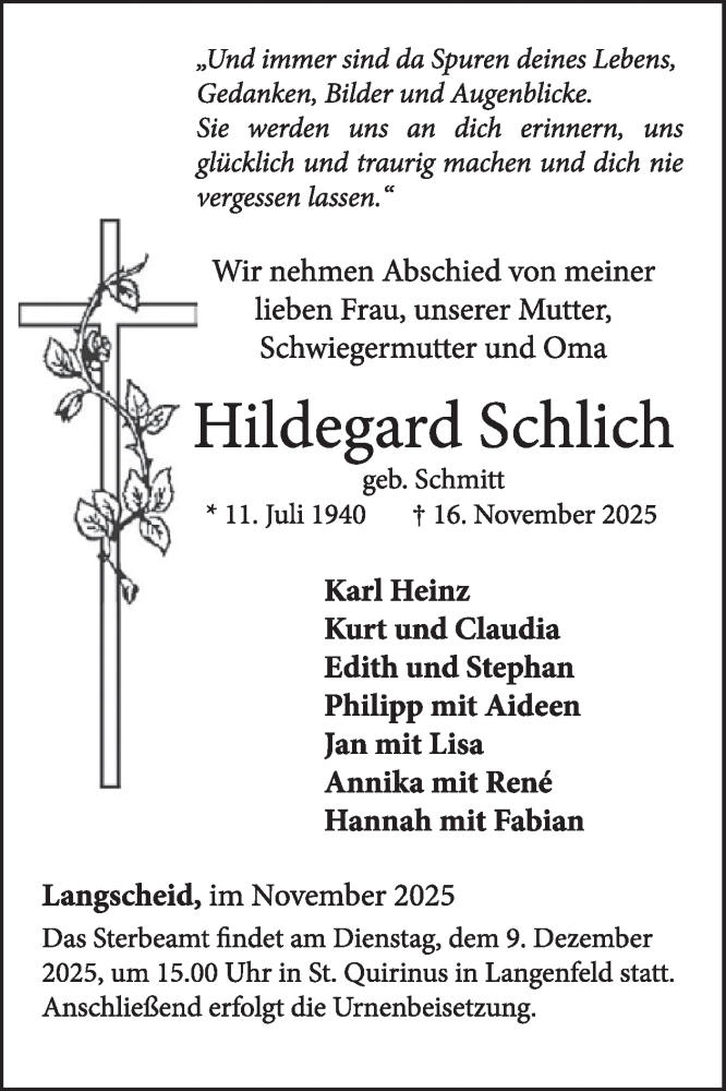  Traueranzeige für Hildegard Schlich vom 26.11.2025 aus WochenSpiegel