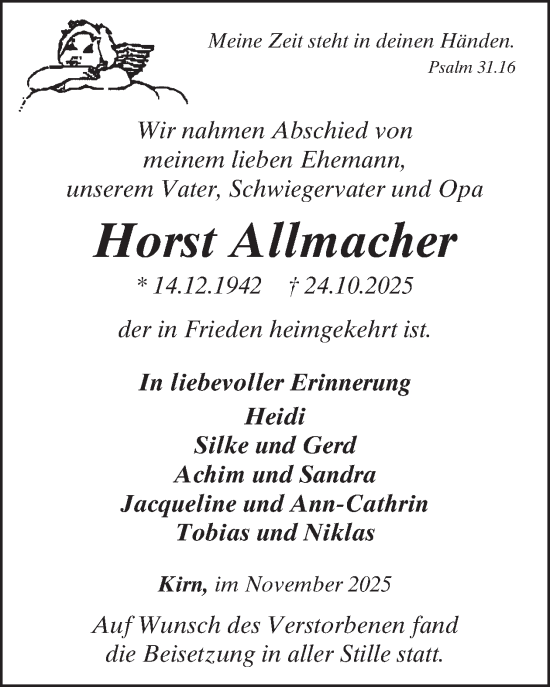 Traueranzeige von Horst Allmacher von WochenSpiegel