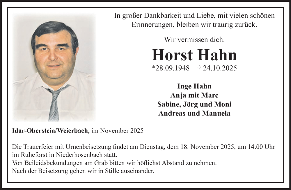  Traueranzeige für Horst Hahn vom 08.11.2025 aus WochenSpiegel