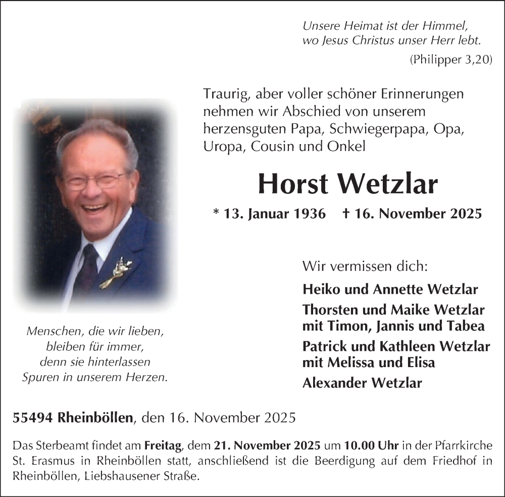  Traueranzeige für Horst Wetzlar vom 22.11.2025 aus WochenSpiegel