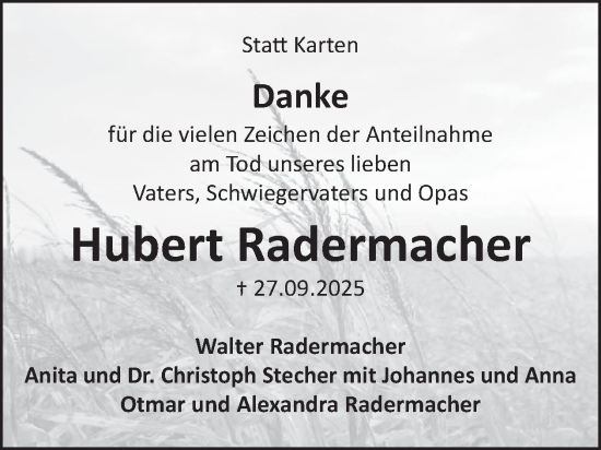 Traueranzeige von Hubert Radermacher von WochenSpiegel