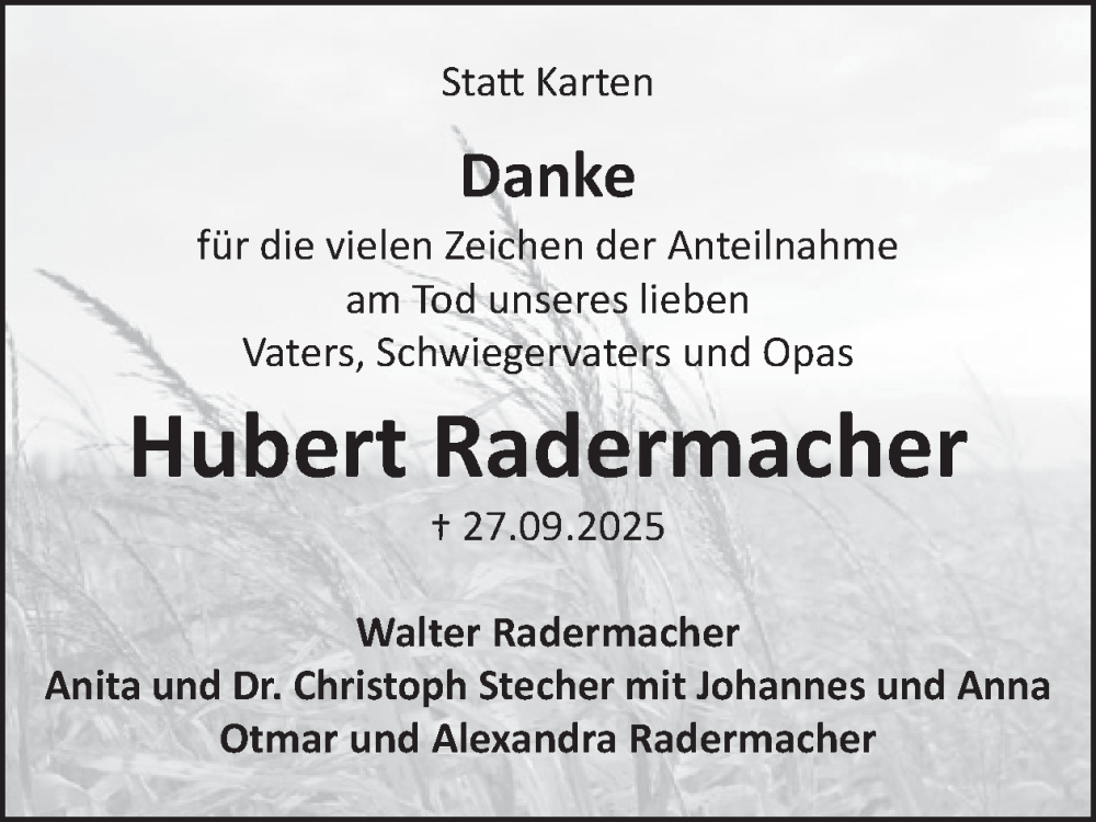  Traueranzeige für Hubert Radermacher vom 12.11.2025 aus WochenSpiegel