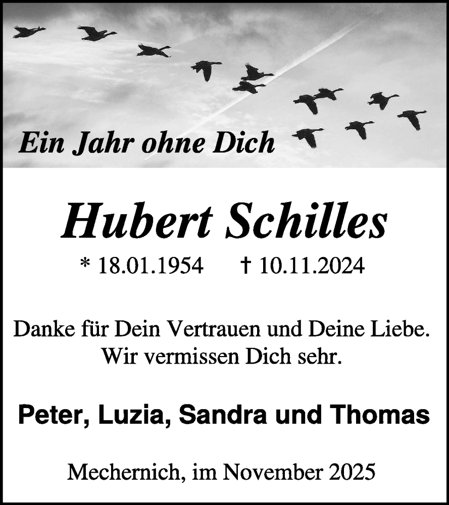  Traueranzeige für Hubert Schilles vom 05.11.2025 aus WochenSpiegel