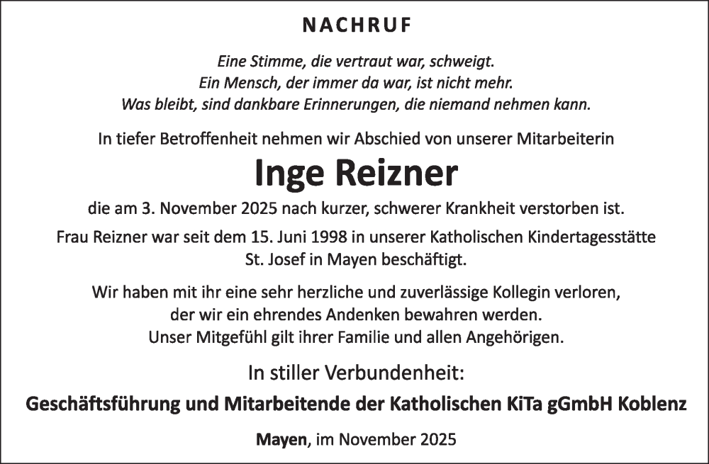  Traueranzeige für Inge Reizner vom 19.11.2025 aus WochenSpiegel