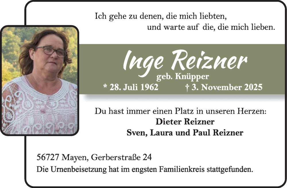  Traueranzeige für Inge Reizner vom 12.11.2025 aus WochenSpiegel