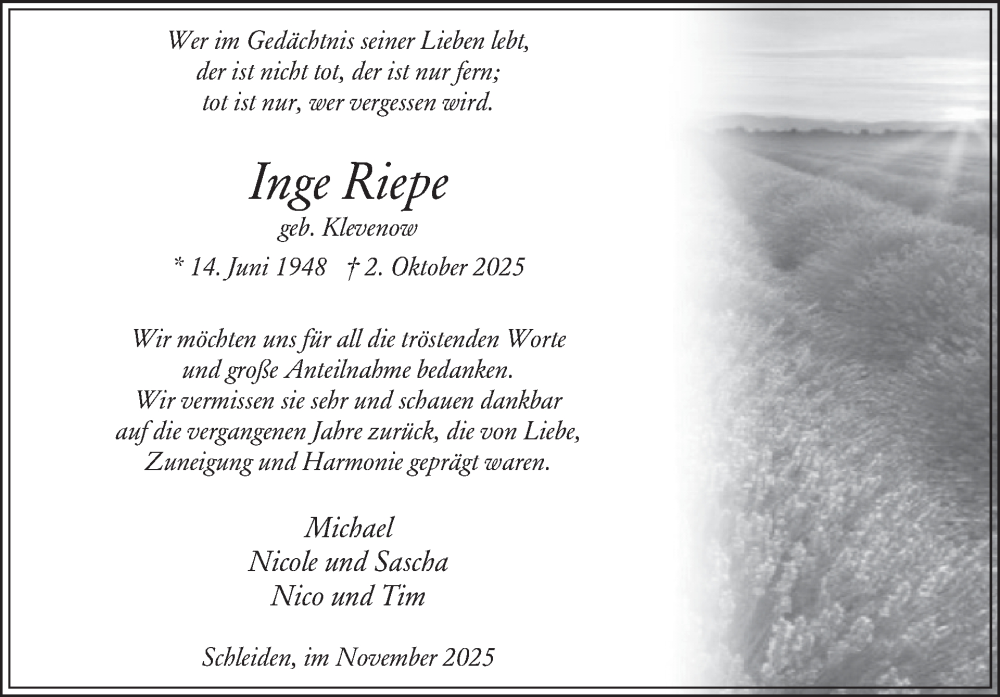  Traueranzeige für Inge Riepe vom 12.11.2025 aus WochenSpiegel