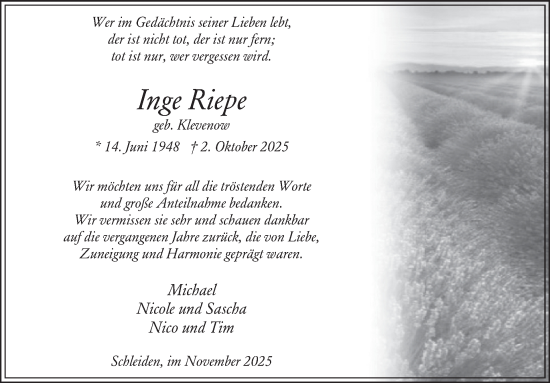 Traueranzeige von Inge Riepe von WochenSpiegel