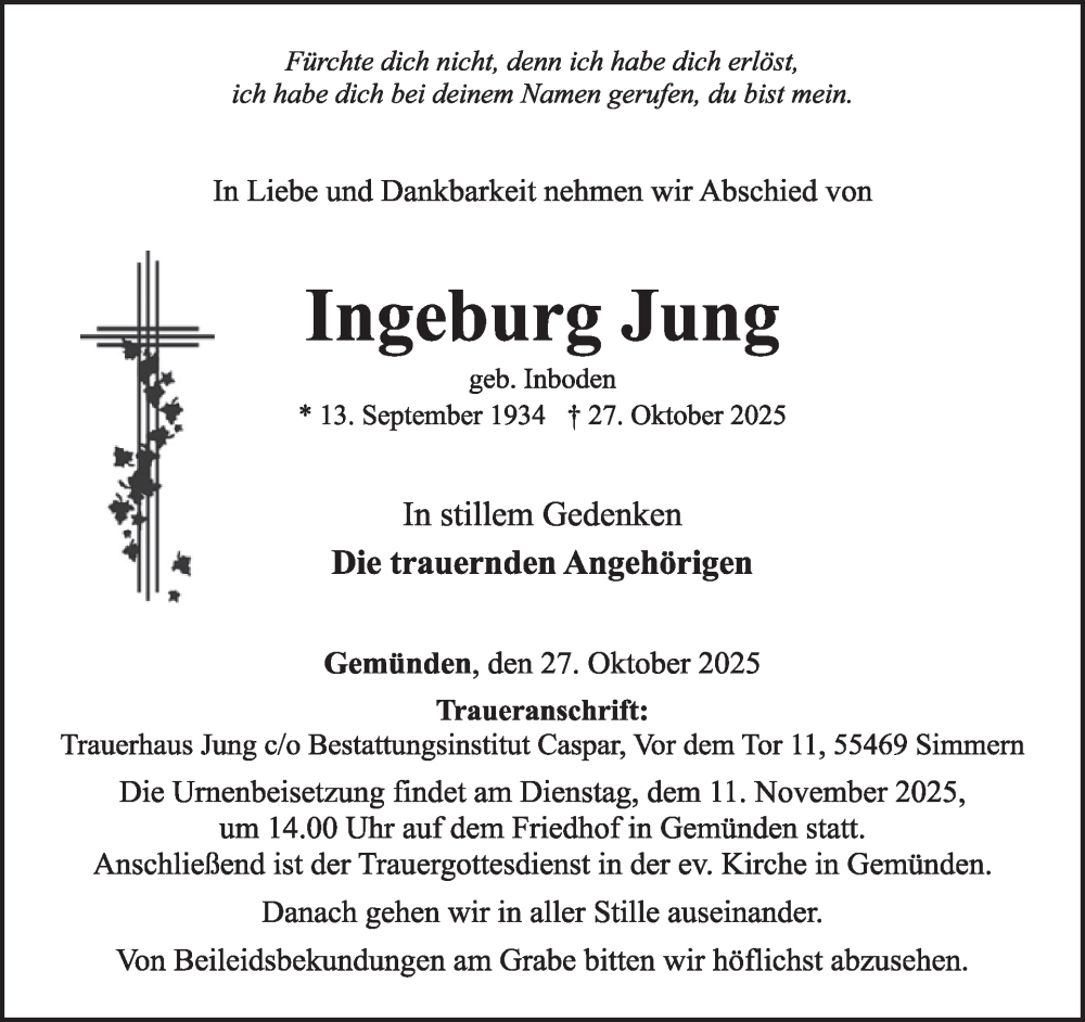  Traueranzeige für Ingeburg Jung vom 08.11.2025 aus WochenSpiegel