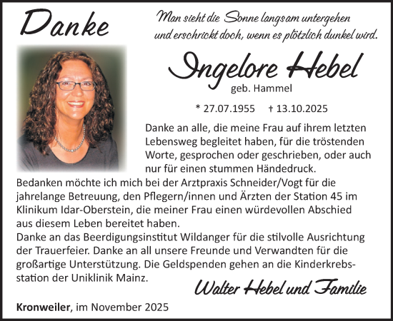 Traueranzeige von Ingelore Hebel von WochenSpiegel