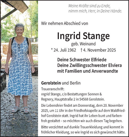 Traueranzeige von Ingrid Stange von WochenSpiegel
