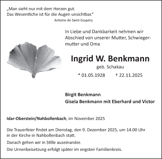 Traueranzeige von Ingrid W. Benkmann von WochenSpiegel