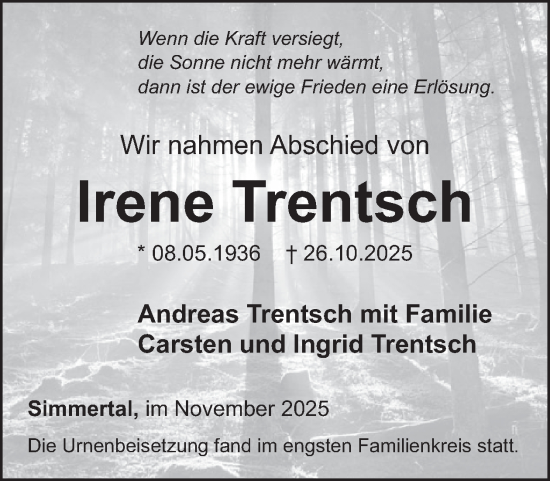 Traueranzeige von Irene Trentsch von WochenSpiegel