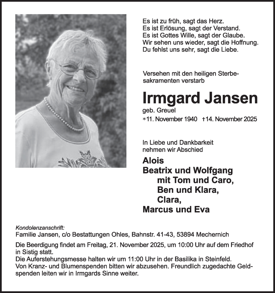  Traueranzeige für Irmgard Jansen vom 19.11.2025 aus WochenSpiegel