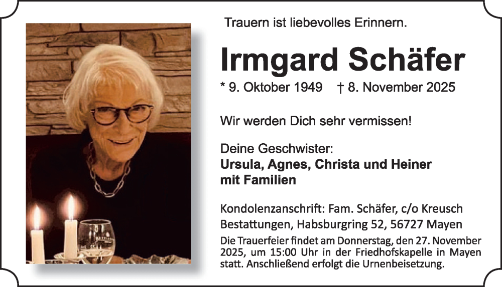  Traueranzeige für Irmgard Schäfer vom 19.11.2025 aus WochenSpiegel