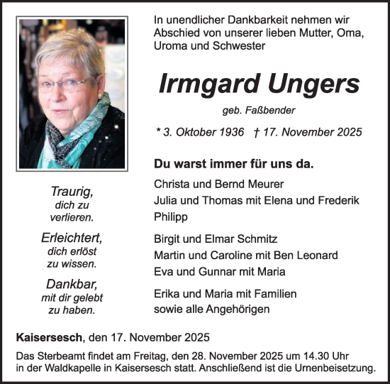 Traueranzeige von Irmgard Ungers von WochenSpiegel