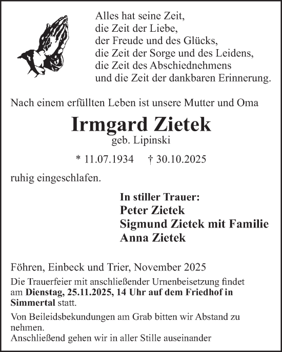 Traueranzeige von Irmgard Zietek von WochenSpiegel