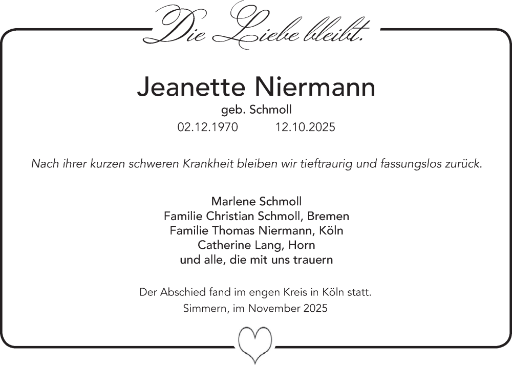  Traueranzeige für Jeanette Niermann vom 15.11.2025 aus WochenSpiegel