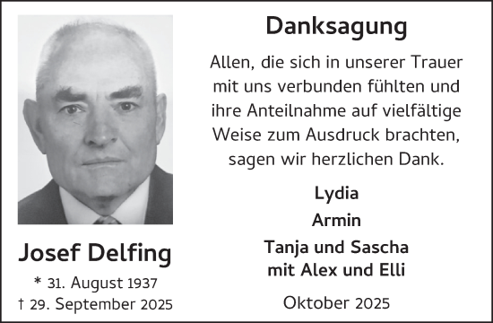 Traueranzeige von Josef Delfing von WochenSpiegel