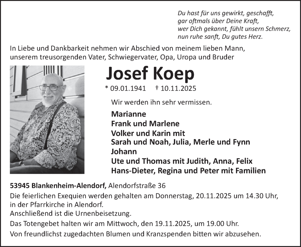  Traueranzeige für Josef Koep vom 12.11.2025 aus WochenSpiegel