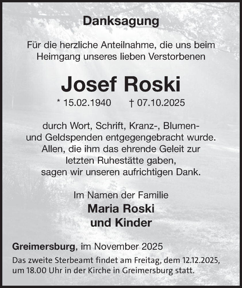 Traueranzeige für Josef Roski vom 26.11.2025 aus WochenSpiegel