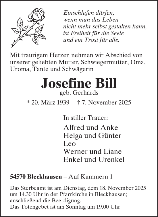 Traueranzeige von Josefine Bill von WochenSpiegel