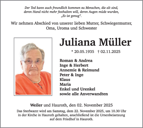 Traueranzeige von Juliana Müller von WochenSpiegel
