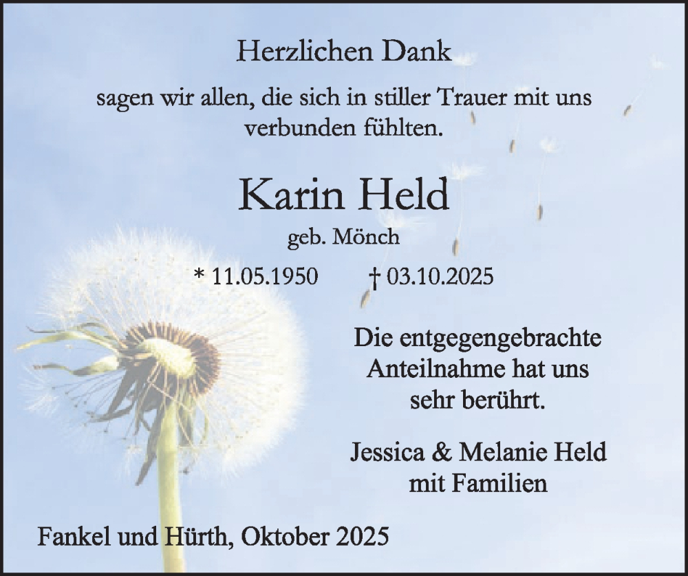  Traueranzeige für Karin Held vom 05.11.2025 aus WochenSpiegel
