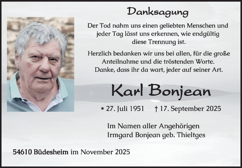  Traueranzeige für Karl Bonjean vom 22.11.2025 aus WochenSpiegel