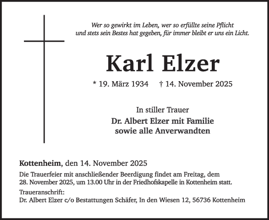 Traueranzeige von Karl Elzer von WochenSpiegel