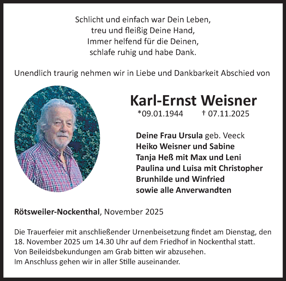  Traueranzeige für Karl-Ernst Weisner vom 15.11.2025 aus WochenSpiegel