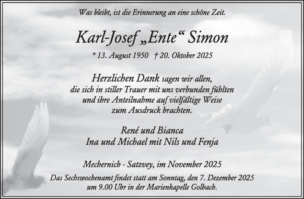  Traueranzeige für Karl-Josef Simon vom 26.11.2025 aus WochenSpiegel