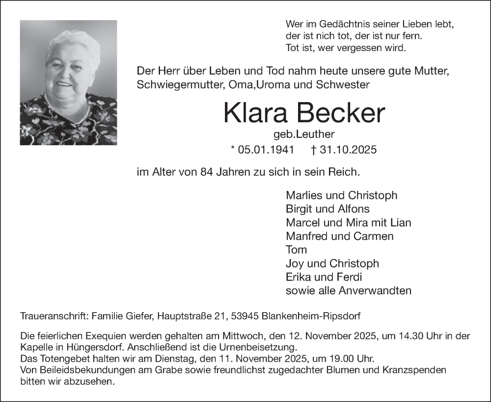  Traueranzeige für Klara Becker vom 05.11.2025 aus WochenSpiegel
