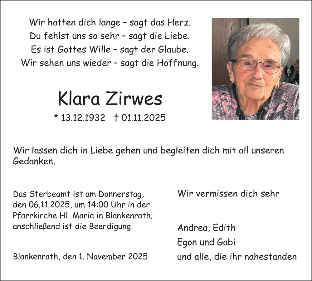  Traueranzeige für Klara Zirwes vom 05.11.2025 aus WochenSpiegel