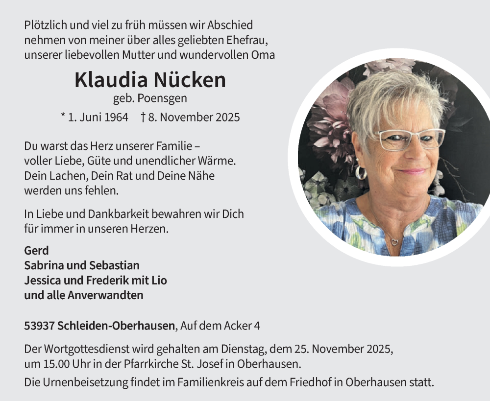  Traueranzeige für Klaudia Nücken vom 19.11.2025 aus WochenSpiegel