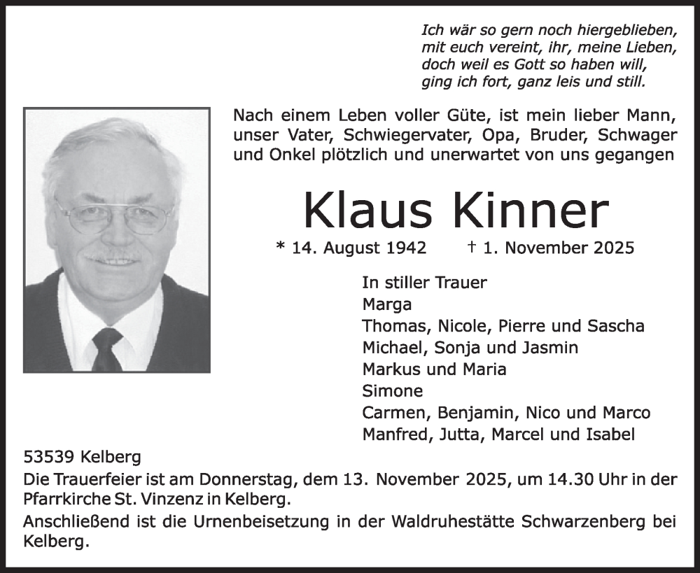  Traueranzeige für Klaus Kinner vom 08.11.2025 aus WochenSpiegel