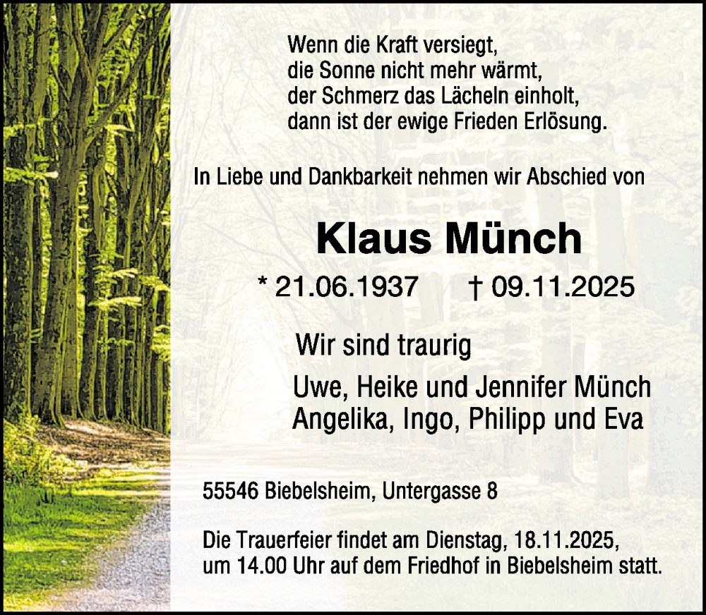  Traueranzeige für Klaus Münch vom 15.11.2025 aus WochenSpiegel